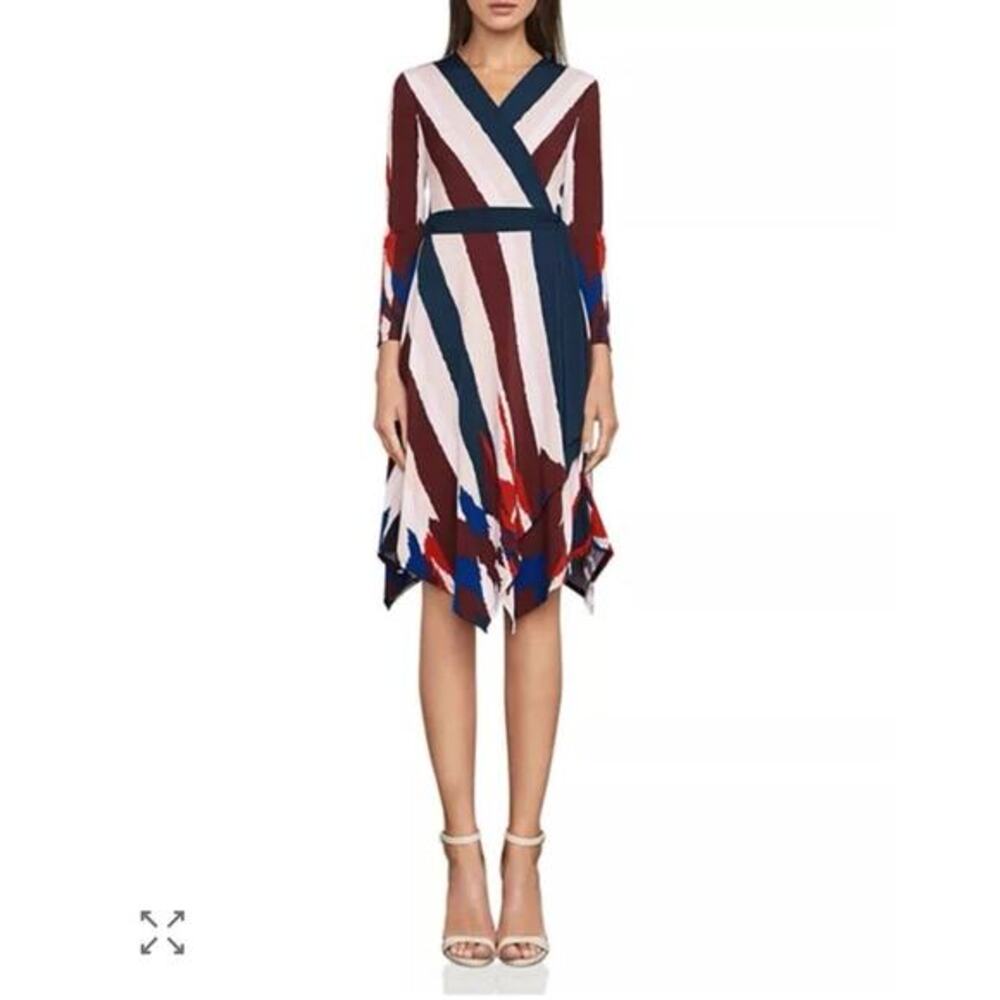 BCBGMAXAZRIA Wrap‎ Dress Large Isabella Striped Slinky Blue Office Long Sleeve
